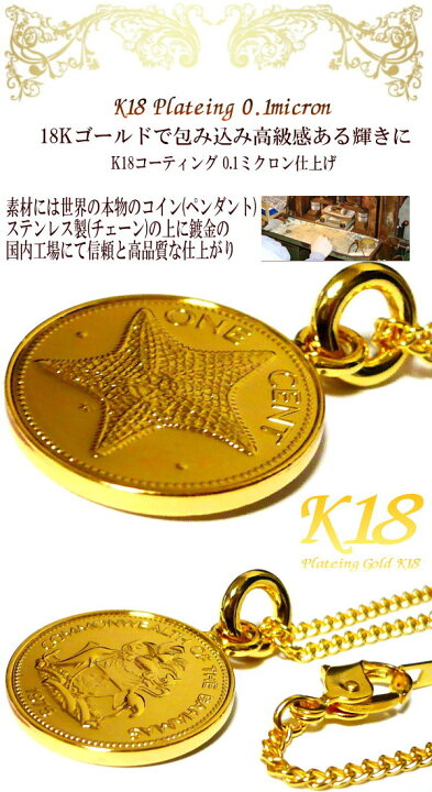 楽天市場】バハマ 18金 18K コーティング 外国のコイン ネックレス 