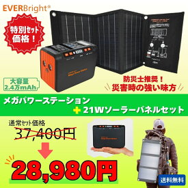 【メーカー直販】【クーポン利用で最安価】メテックス EVERBRIGHT 各種通販で大人気の大容量小型ポータブル電源+21Wソーラーパネル メガパネセット 24000mAh 防災 地震 避難 LEDライト アウトドア　太陽光発電 ソーラー充電 メガパワーステーション【ポイント10倍】