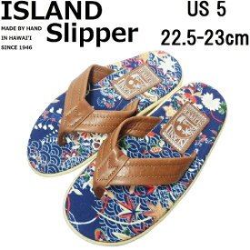 ♂♀【未使用】【アメリカ製】アイランドスリッパ サンダル 5 22.5-23cm 和柄 ブルー系/ ISRAND SLIPPER ハワイのリゾートサンダルブランド