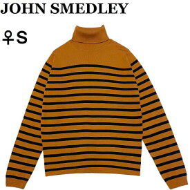 ♀【未使用】JOHN SMEDLEY ジョンスメドレー メリノウール タートルネック ニットセーター S ボーダー BRONZE オレンジブラウン系×ブラック