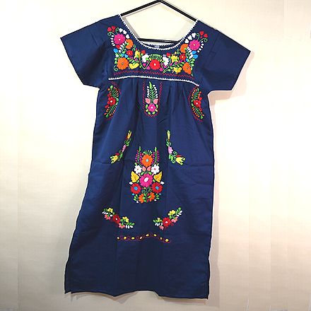 民族衣装 花の刺繍 エスニック 一枚のみ メキシコ手刺繍ワンピース 7 ブルー