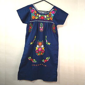 メキシコ 手刺繍 ワンピース (7) ミッドナイトブルー 花いっぱい《送料無料》