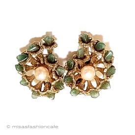 SWOBODA　スワボダ　イヤリング 真珠と天然石ヒスイの花　ヴィンテージジュエリー　ビンテージ　Vintage　earrings　アンティーク　アクセサリー【海外直輸入USED品】