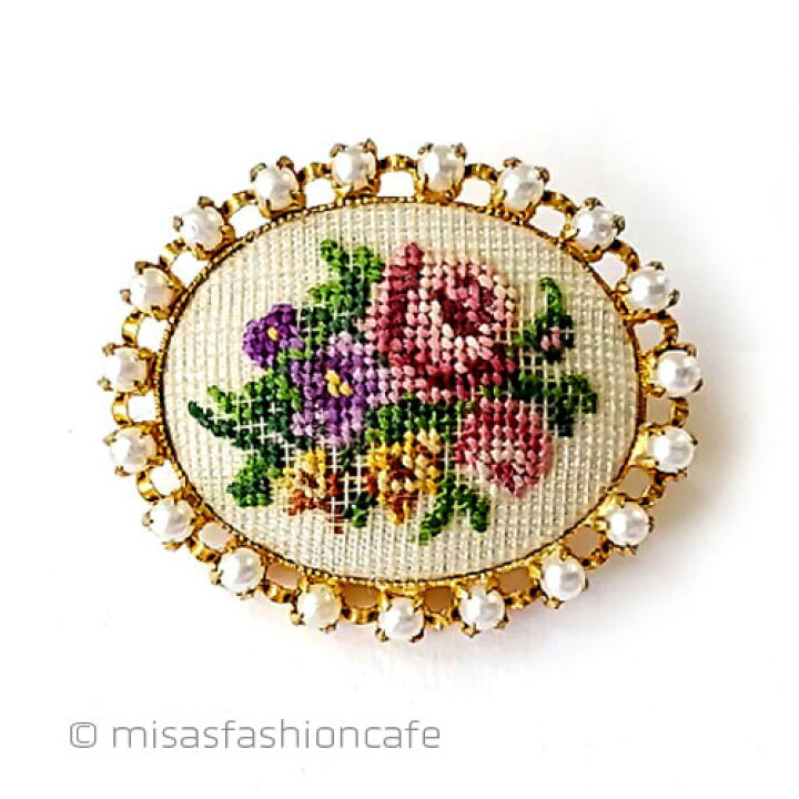 楽天市場】オーストリア製花ブローチ プチポアン刺繍 パール Vintage 