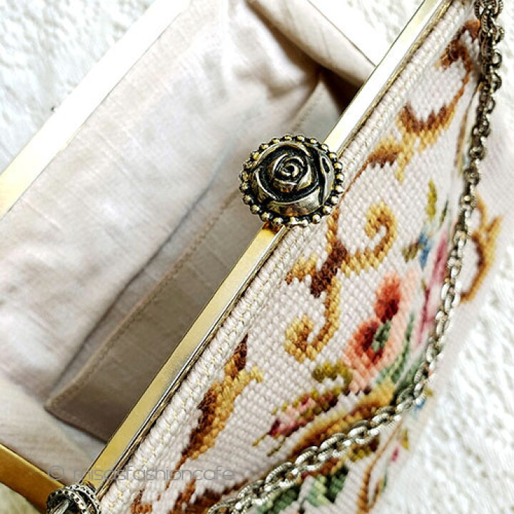 楽天市場】ビンテージバッグ ローズ プチポアン お花刺繍 ハンドバッグ 