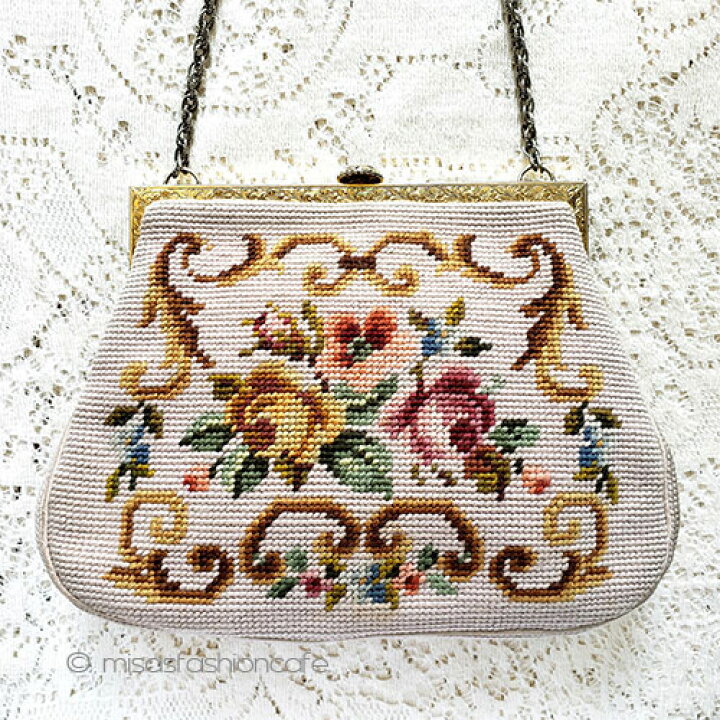 楽天市場】ビンテージバッグ ローズ プチポアン お花刺繍 ハンドバッグ  