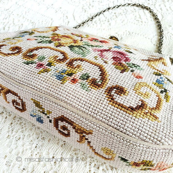 楽天市場】ビンテージバッグ ローズ プチポアン お花刺繍 ハンドバッグ 
