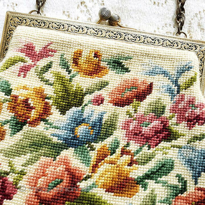 楽天市場】ヴィンテージバッグ 刺繍 花 プチポアン 底鋲付 