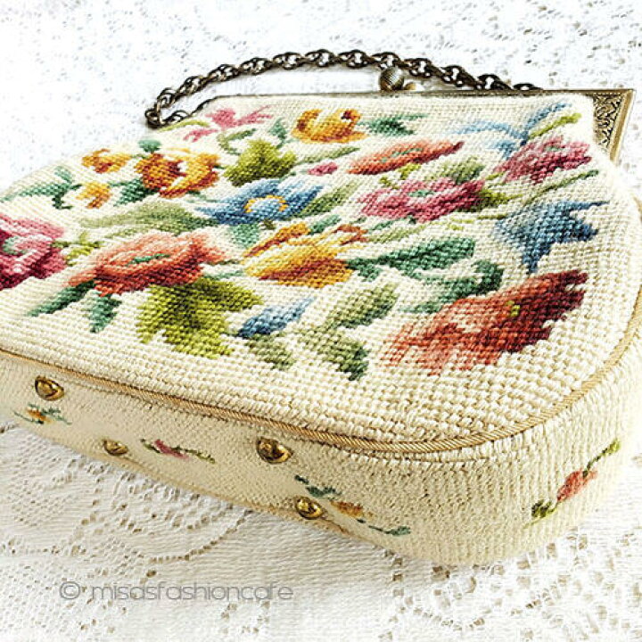 楽天市場】ヴィンテージバッグ 刺繍 花 プチポアン 底鋲付 