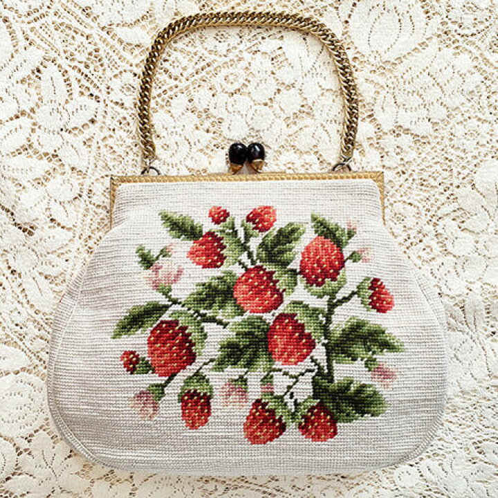 楽天市場】ヴィンテージバッグ（大）イチゴ 苺 いちご プチポアン 刺繍  