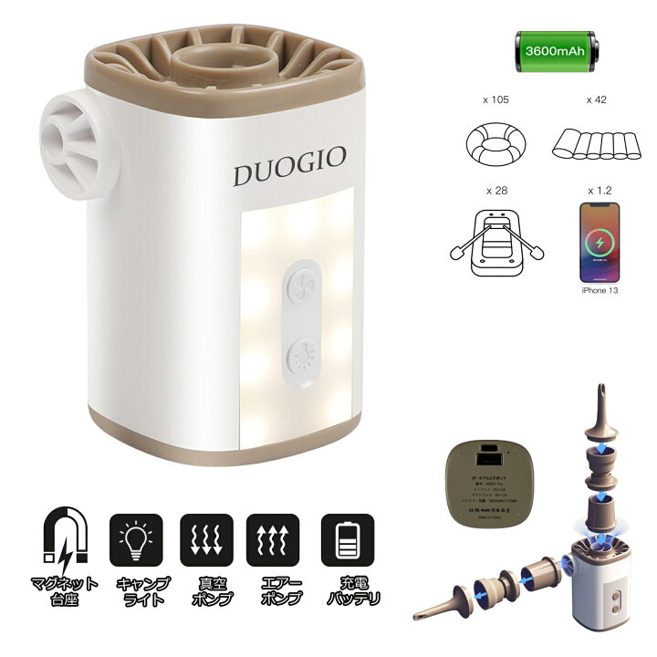 楽天市場 Duogio 電動エアーポンプ 4800pa 携帯式エアーポンプ キャンプエアポンプ マグネット付き Ledライト付き 側面発光 影の対策 3600mah電池内蔵 ポータブルエアーポンプ 真空ポンプ プール 空気入れ 空気抜き 浮き輪 インフレータブル玩具 ゴムボート 真空圧縮袋