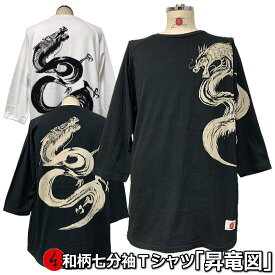 和柄七分袖Tシャツ「昇竜図」龍 筆書き ドラゴン 竜 仏画 アメカジ 京都 送料無料 メンズ レディース 生地 服 手染 ネコポス便送料無料 京友禅 最大4L