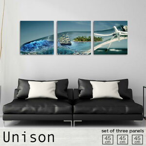 【※10%OFF 当店期間限定※ 10/25 00:00〜10/30 23:59まで!】インテリア アート おしゃれ アートパネル 3枚 セット モダン 絵画 瓶 ボトル 船 海 波 島 アート 水 透明感 風景 クリア 壁掛け 絵 生地