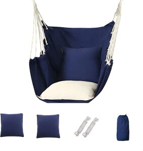 ハンモックチェア 吊り下げ式 丈夫なロープ 2*クッション付き 吊り椅子 ハンギングチェア 手編み 帆布 ガーデンチェア 折りたたみ式 ハンモック椅子 スイングチェア 【耐荷重150kg】 大人&