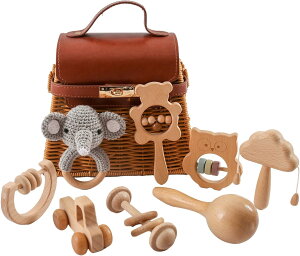 ガラガラ ラトル 出産祝い おもちゃ 木製 ひも通しおもちゃ 手押し車 ベビーおもちゃセット 木のおもちゃ 無塗装 8個セット 知育玩具 ベビーギフトセット 出産祝い 贈り物