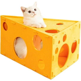 チーズ型キャットハウスフェルト製 猫用おもちゃ 多穴デザイン 組立簡単 室内用 猫ベッド 2サイズ (40×30×26.5)
