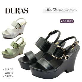 DURAS デュラス レディース サンダル バックストラップ ウェッジ DR 9025 厚底 靴 黒 白 緑 ブラック ホワイト グリーン