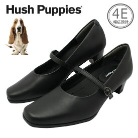 Hush puppies ハッシュパピー レディース パンプス ベルト 幅広4E L-511T 511 スクエアトゥ 本革 低反発ソール 婦人靴 バンド クロ ブラック