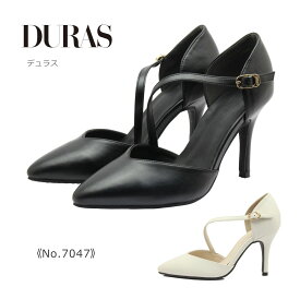 DURAS デュラス レディース パンプス DR 7047 ポインテッドトゥ ストラップ ヒール 靴 黒 白 ブラック アイボリー