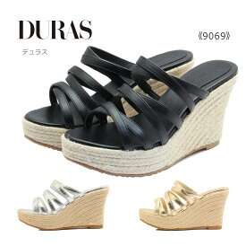 DURAS デュラス レディース ミュール DR 9069 サンダル ジュート 靴 黒 ブラック ゴールド シルバー