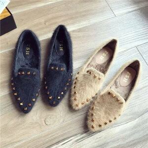 ロー ふわふわ ビジュー スタッズ エコファー フェイクファー ポインテッドトゥ フラットシューズ ファー ローファー レディース