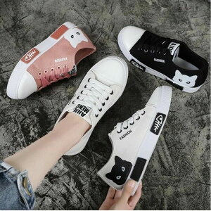 かわ 黒 白 ブラック ホワイト ピンク 通学 ローカット 子猫 レディース カジュアル 靴 スニーカー キャット キャンバスシューズ