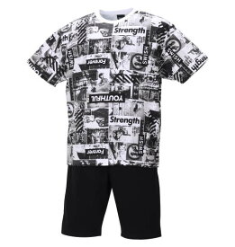 大きいサイズ メンズ 総柄半袖Tシャツ+ミニ裏毛ハーフパンツ SHOCK NINE (ブラック×ブラック) (3L 4L 5L 6L) プレゼント ギフト ラッピング