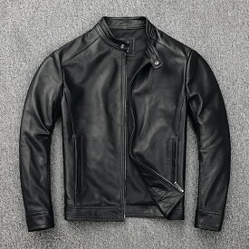 メンズジャケット　レザー タイト 牛革 本革ジャケット ブルゾン　立ち襟 オイルレザー 黒S～4XL