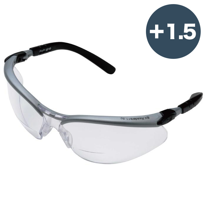 レンズ下部に拡大鏡が付いており、作業現場等で小さな文字を読み込む際に便利です。テンプルの長さやレンズ角度の調整可。 スリーエム 3M BX(TM) 保護メガネ ルーペ (+1.5)付 11374