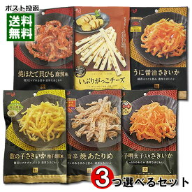 井上食品 おつまみ 9種類（さきいか＆あたりめ＆いぶりがっこチーズ＆ほたて貝ひも＆チーズいか＆えいひれ） から3つ選べるまとめ買いセット umi no sachi 粋【メール便送料無料】