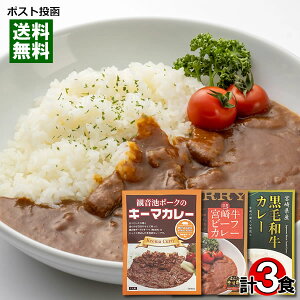 ご当地カレー 宮崎牛ビーフカレー&宮崎県産黒毛和牛カレー&宮崎県産 観音池ポークのキーマカレー 3種類 各1食お試しセット 高級レトルトカレー 九州 宮崎 ばあちゃん本舗【メール便送料