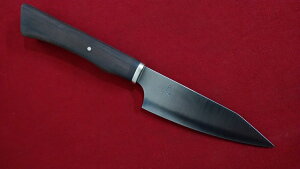 青紙二号 墨流し積層鋼 鍛造 いぶし黒仕上げ小出刃 手打ちナイフ 110mm 一点物 ダマスカス 出刃包丁 アジ切 実用ナイフ 狩猟刀・アウトドア・鍛造ナイフ