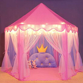 キッズテント プリンセス城型 子供用テント キッズプレイハウス プリンセステント キラキラLEDスターライト付き 誕生日?クリスマスプレゼント?おままごと?おもちゃ--ピンク