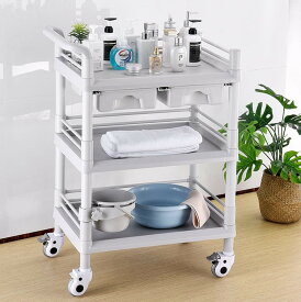医療用ワン 回診車 病院用備品収納トロリー 美容室ワゴン モバイルストレージ キャスター付き 台車 ABS ツールワゴン サービスカート 美容院ローリングカート（ハンドル付き） 業務用 クラシックカート 引出付