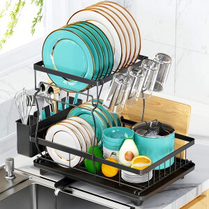 水切りラック 2段式 自動排水 大容量 食器用 防錆仕様 水切り食器乾燥ラック 組み立て簡単 漏れ防止注ぎ口付き 大型42cm×29cm×35cm 3コンパートメント調理器具ホルダー付き