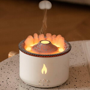 火山 炎 アロマ 加湿器 超音波式 卓上タイプ 揺らぐ炎演出 8時間タイマー搭載 360ml大容量 2色LEDライト 空焚き防止機能 上から給水 静音設計 乾燥対策 インテリア オフィス リビング 寝室用加
