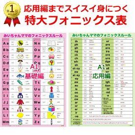 みいちゃんママのA1フォニックスルール一覧表ポスター｜おうちリビングや英語教室に最適！特大サイズでフォニックス、発音記号、単語がひと目で学べる英語ポスター。フォニックス基礎編から応用編まで書かれているから単語がスラスラ読める。大判英語フォニックスポスター