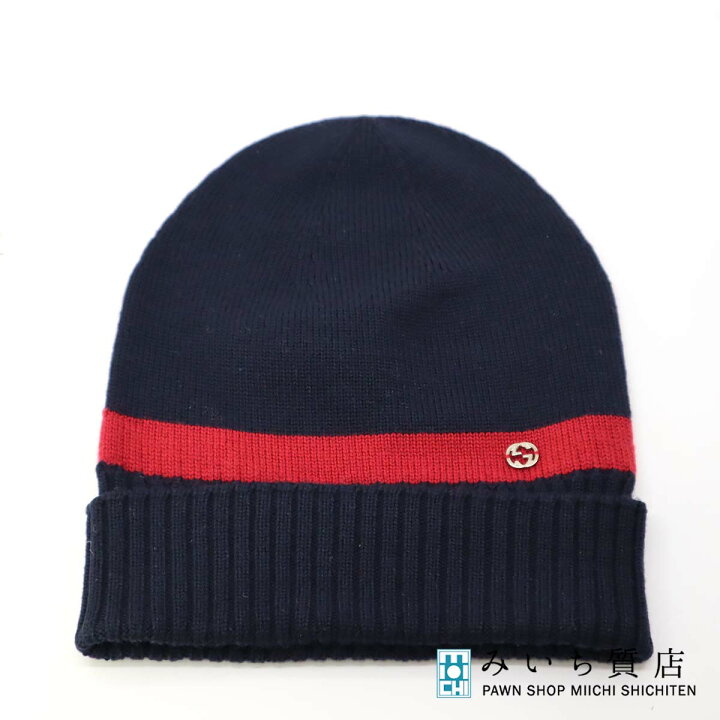 楽天市場】質屋 グッチ GUCCI ニット帽 M ネイビー レッド 494598 