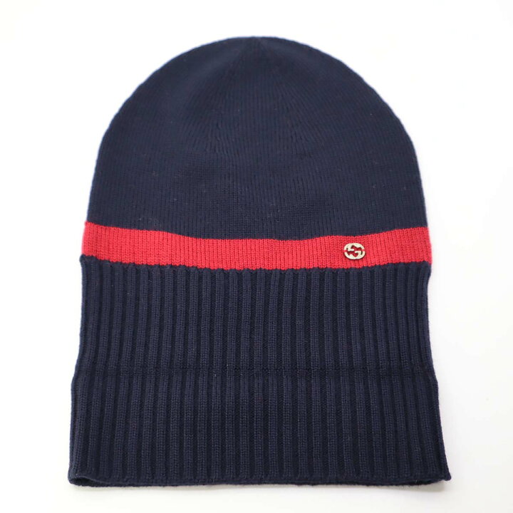 楽天市場】質屋 グッチ GUCCI ニット帽 M ネイビー レッド 494598 