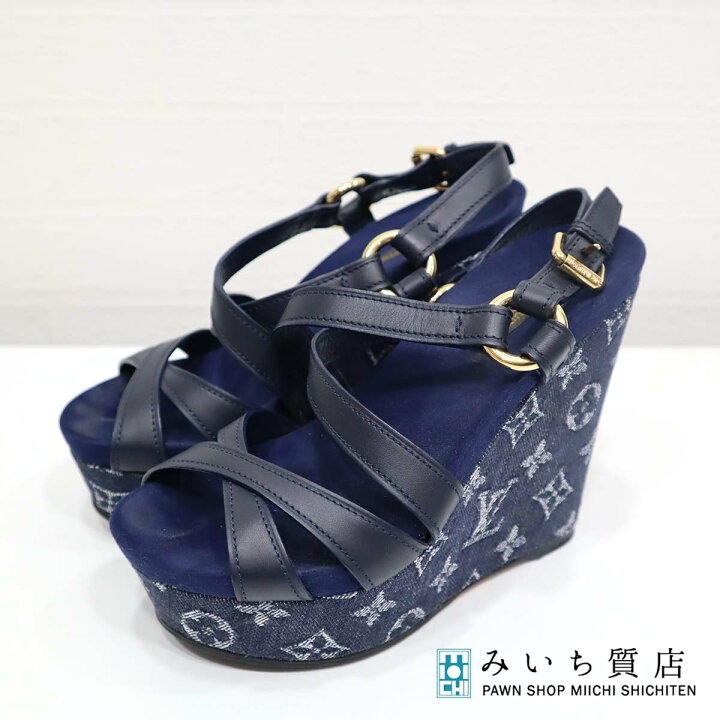楽天市場】質屋 LV 靴 サンダル ウェッジソール ブルー デニム レザー 