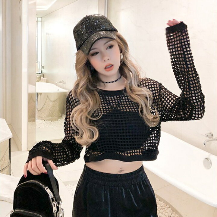 楽天市場】ダンス衣装 メッシュ トップス Tシャツ 長袖 ショート丈 