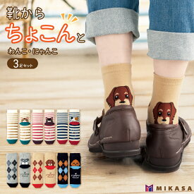 【 15%OFF スーパーセール 限定 】 靴からちょこんと わんこ にゃんこ ソックス 3足セット 靴下 レディース おしゃれ かわいい 動物 アニマル イヌ 犬 犬柄 ネコ 猫 猫柄 カジュアル 婦人 人気 おすすめ ランキング プレゼント ギフト 通学 ダックス プードル シュナウザー