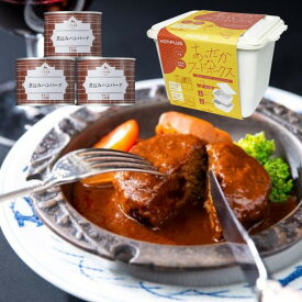 缶詰 三笠会館 ハンバーグ缶 防災セット 7点（温めキット付）デミグラス3缶＋発熱剤＋フードボックス｜レトルト・ごはん・缶飲料も加熱可 非常食 備蓄 アウトドア 送料無料