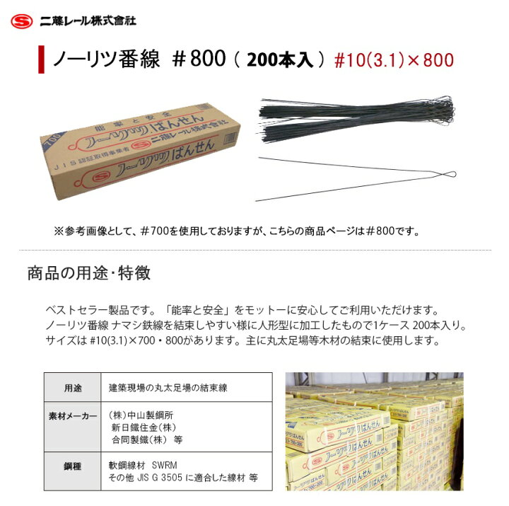 楽天市場】二藤 ノーリツ番線 #800 200本入 【#10(3.1)×800】 (二藤 