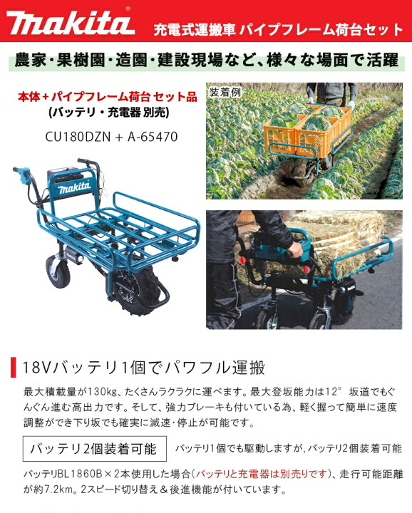 楽天市場】マキタ 18V充電式運搬車 本体(CU180DZN)＋パイプフレーム(A 