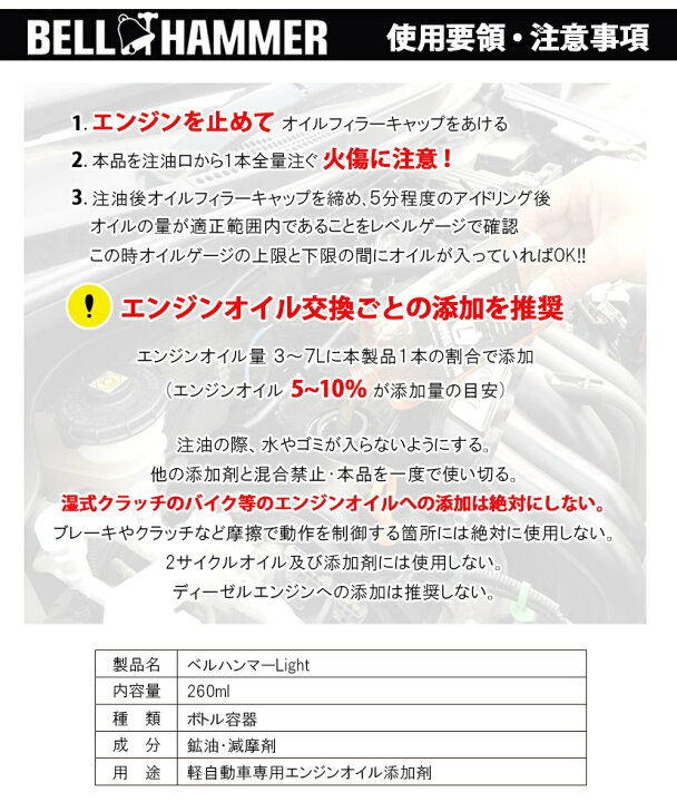 楽天市場 スズキ機工 軽自動車用 エンジンオイル添加剤 ベルハンマーライト 1本 Bhli01 ベルハンマーlight 軽 ガソリン 車 専用 エンジンオイル オイル 添加剤 ベルハンマー 燃費 アップ 簡単 大人気商品 Kainos 楽天市場店