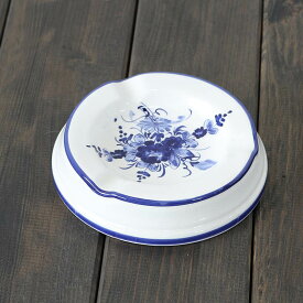 イタリア製　灰皿　　W15cm H3.5cm 陶器　置物　ブルー　花柄【アウトレット/out】