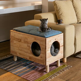 キャットハウス 猫 ネコ 家 遊び ラック 立体 クッション付き 高さ コンパクト 天然木 ナチュラル QSM-160 ペット用品