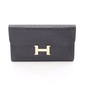 【ポイント5倍／〜4/10(金)23:59】エルメス HERMES コンスタンスロング キャバン 二つ折り長財布 財布 オーストリッチ オーストリッチ レディース ネイビー系 【中古】