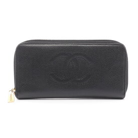 【ポイント5倍／〜4/10(金)23:59】シャネル CHANEL ココマーク ラウンド長財布 財布 キャビアスキン(グレインドカーフ) レディース ブラック系 【中古】